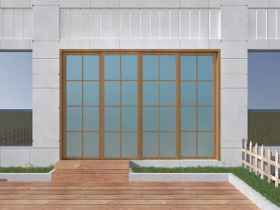 Wooden Frame Frosted Glass Sliding Door on Gray Exterior Wall with Wooden Steps and Lawn 3d model