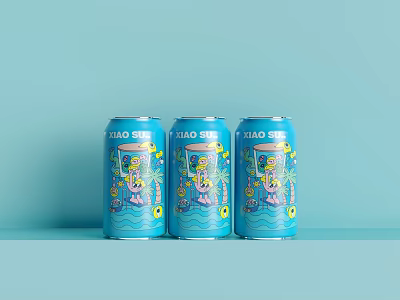 Three Blue LIAO SIAO Drink Cans with Colorful Designs on Blue Background 3d model