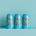 Three Blue LIAO SIAO Drink Cans with Colorful Designs on Blue Background