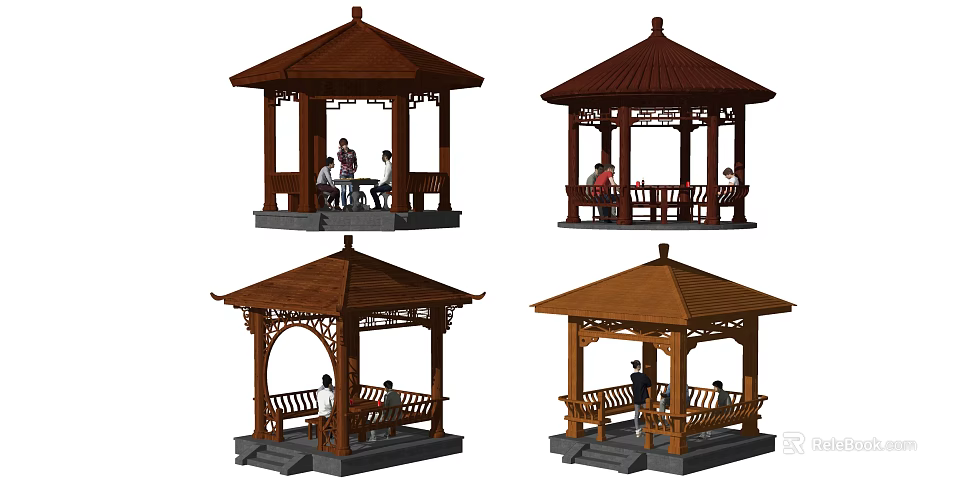 Traditional Chinese Wooden Pavilions With Diverse Designs And People Inside 3d model 