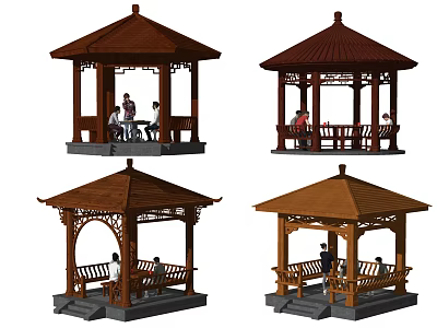 Traditional Chinese Wooden Pavilions With Diverse Designs And People Inside 3d model