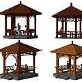 Traditional Chinese Wooden Pavilions With Diverse Designs And People Inside