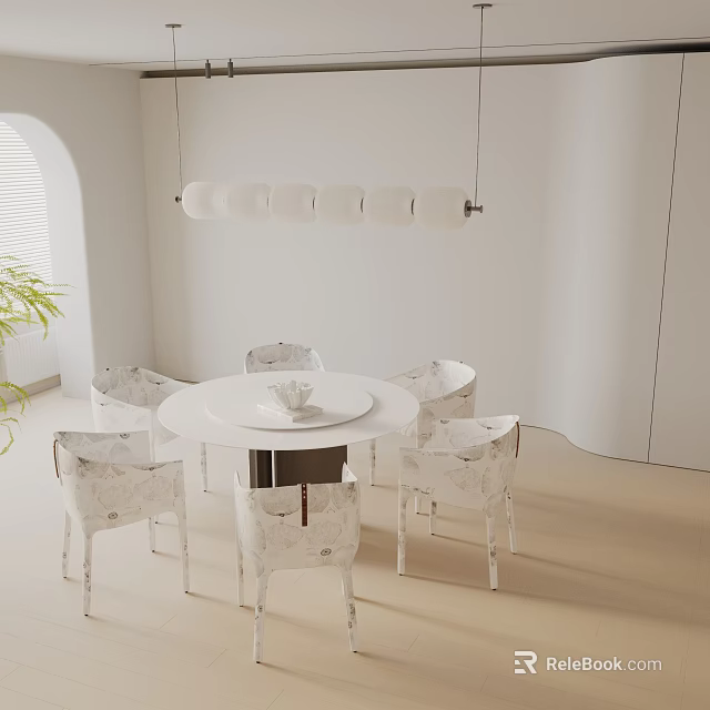 White Round Dining Table With Patterned Chairs And Pendant Light In Minimalist Room 3d model