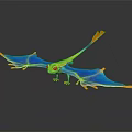 Colorful Pterosaur Model with Blue Green Wings and Orange Tail on Black Background with Reflections