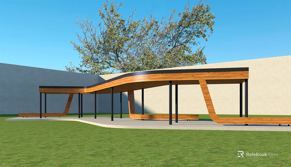 Curved Wooden Pergola Design With Black Columns Grass Lawn Tree And Blue Sky 3d model 