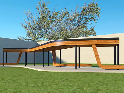 Curved Wooden Pergola Design With Black Columns Grass Lawn Tree And Blue Sky 3d model