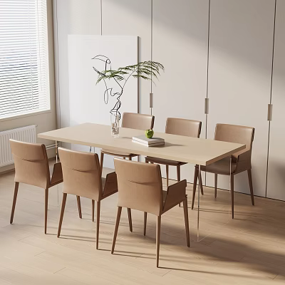 Modern Dining Table Set with Six Beige Chairs Glass Vase and Green Plant 3d model
