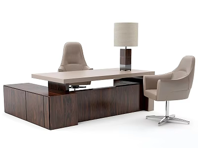 Modern Executive Office Desk With Wooden Cabinet Two Beige Chairs And Table Lamp 3d model