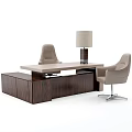 Modern Executive Office Desk With Wooden Cabinet Two Beige Chairs And Table Lamp