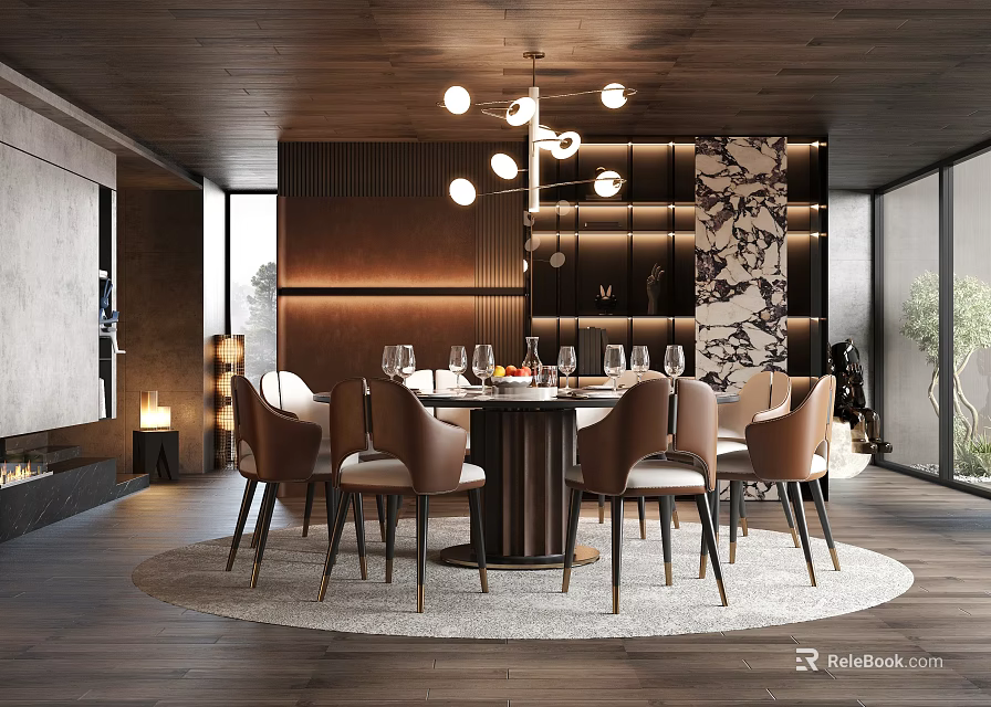 Elegant Restaurant Interior Featuring Round Dining Table Leather Chairs Modern Chandelier And Wooden Ceiling 3d model 