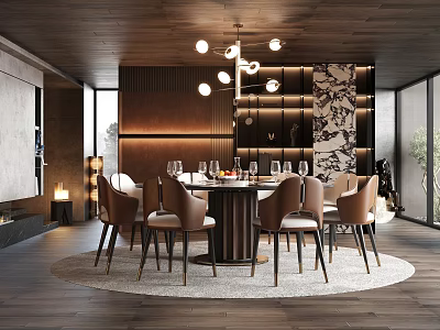 Elegant Restaurant Interior Featuring Round Dining Table Leather Chairs Modern Chandelier And Wooden Ceiling 3d model
