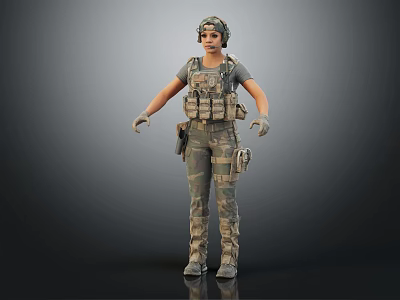 3D Military Character Wearing Camouflage Uniform Helmet And Tactical Vest Standing In Gray Background 3d model