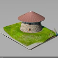Circular Stone Building Model On White Base With Red Roof And Green Grass