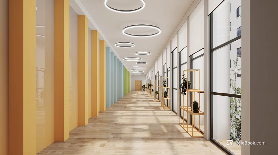 Modern Elevator Hallway Featuring Colorful Pillars Circular Ceiling Lights Wooden Flooring And Windows 3d model 
