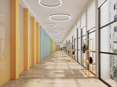 Modern Elevator Hallway Featuring Colorful Pillars Circular Ceiling Lights Wooden Flooring And Windows 3d model