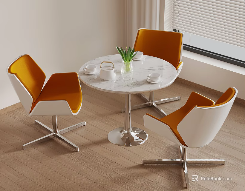 Stylish Round Table And Chairs Set With White Marble Top Orange Seats Silver Legs 3d model 