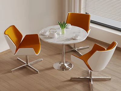 Stylish Round Table And Chairs Set With White Marble Top Orange Seats Silver Legs 3d model