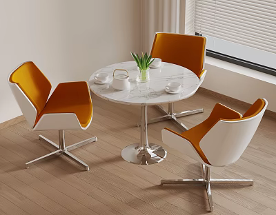 Stylish Round Table And Chairs Set With White Marble Top Orange Seats Silver Legs 3d model