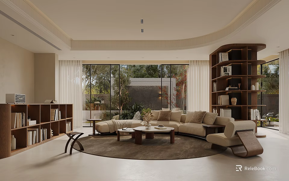 Modern Living Room Interior Design With Beige Sofa Round Rug Bookshelves And Large Windows 3d model 