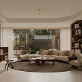 Modern Living Room Interior Design With Beige Sofa Round Rug Bookshelves And Large Windows