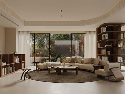 Modern Living Room Interior Design With Beige Sofa Round Rug Bookshelves And Large Windows 3d model