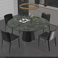 Modern Round Dining Table Set With Marble Top And Black Leather Chairs 3d model