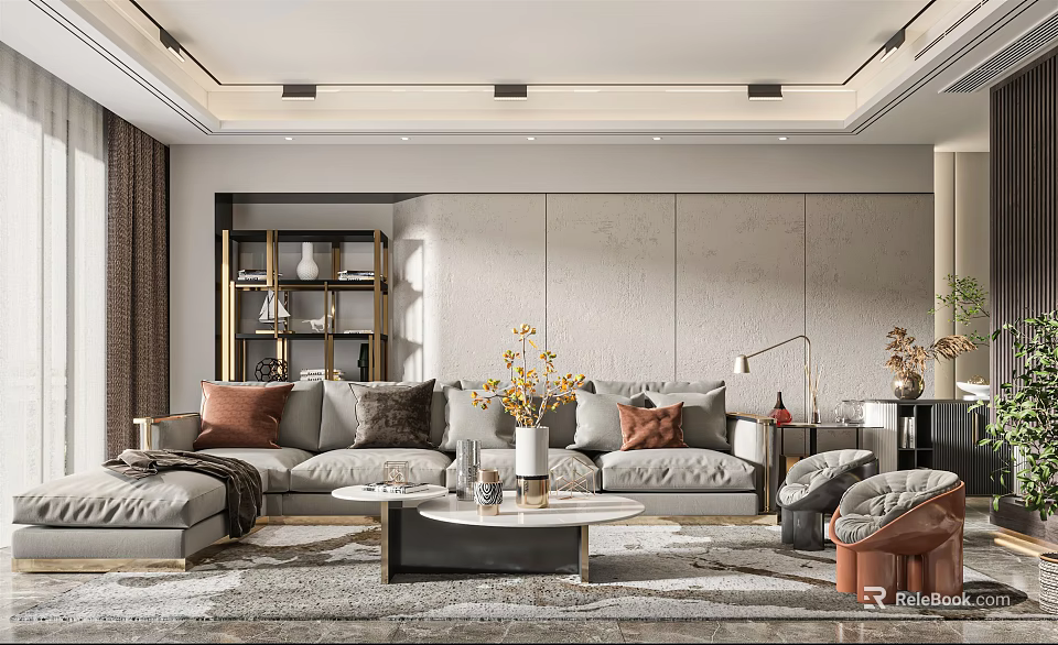 Modern Living Room Interior With Sofa Coffee Table Decorative Shelves And Area Rug 3d model 