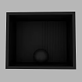 Softly Illuminated Black Sphere On Flat Surface With Wood Grain And Striped Wall
