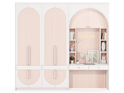 Modern Pink And White Wardrobe With Arched Doors Striped Panels And Open Shelving 3d model