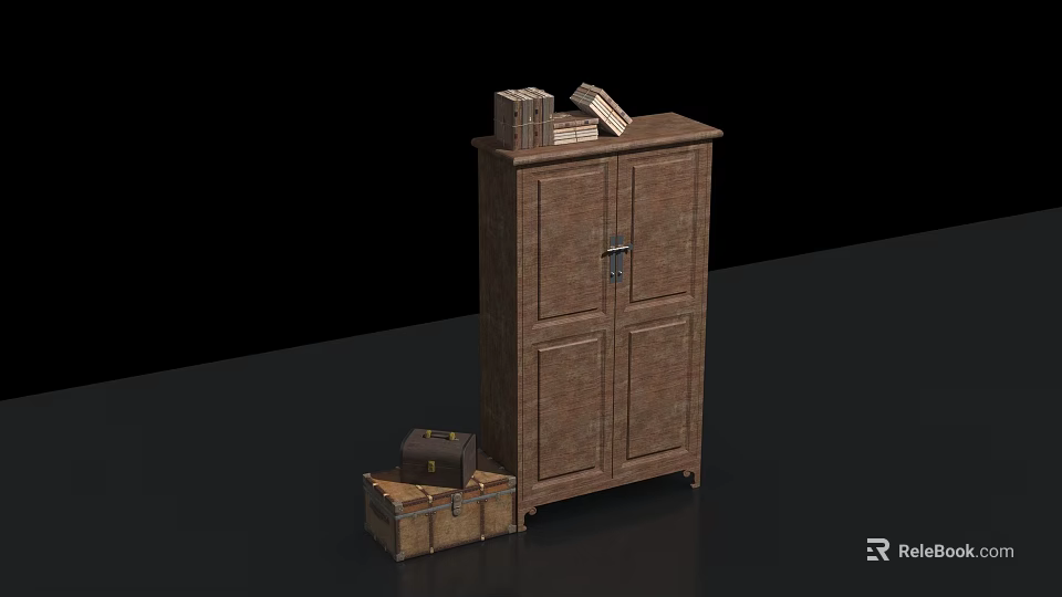 Wooden Bookcase with Double Doors and Stacked Books on Top Beside Vintage Storage Trunk 3d model 