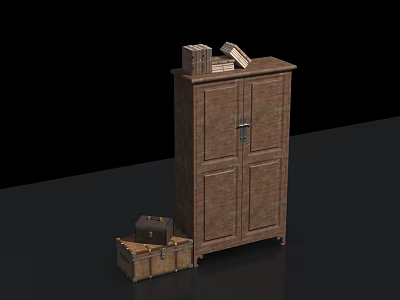 Wooden Bookcase with Double Doors and Stacked Books on Top Beside Vintage Storage Trunk 3d model