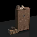 Wooden Bookcase with Double Doors and Stacked Books on Top Beside Vintage Storage Trunk