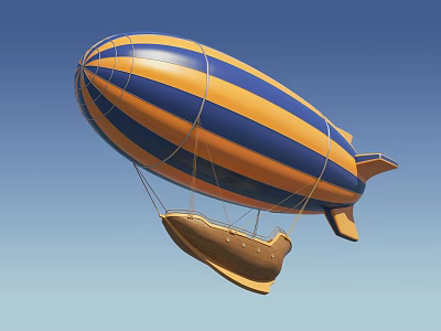 Blue And Yellow Striped Airship With Gondola Flying In Clear Blue Sky 3d model