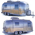 Vintage Silver Car Trailer With Roof Vents Blue Stripe Side Windows And Gas Cylinders
