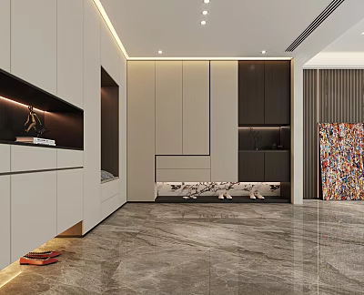 Modern Entryway Hallway Interior Design With Built in Cabinets LED Light Strips And Marble Floor 3d model