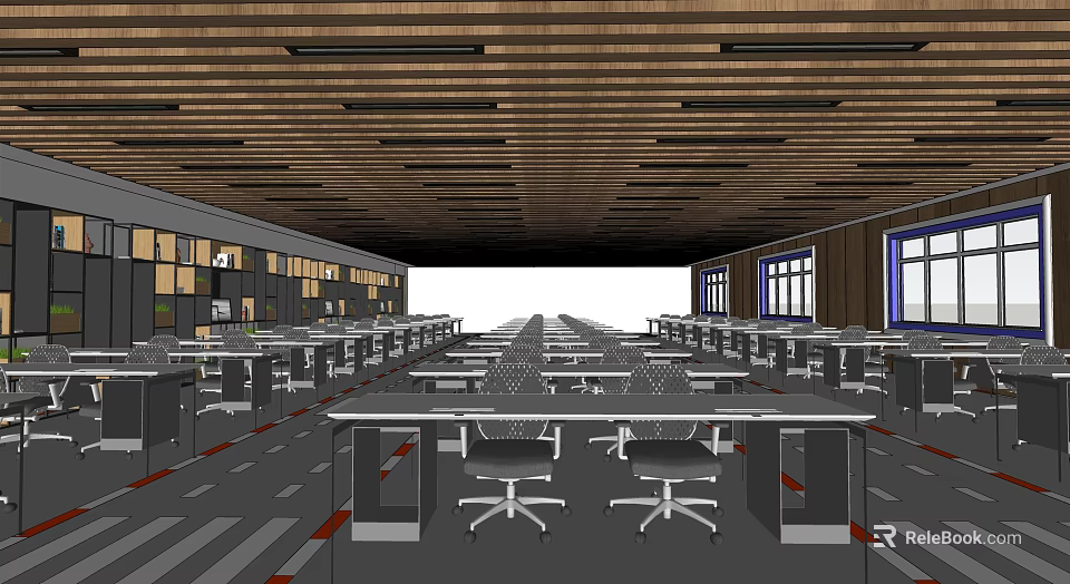School Spacious Learning Area With Rows Of Desks Chairs Bookshelves And Windows 3d model 
