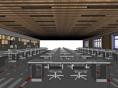 School Spacious Learning Area With Rows Of Desks Chairs Bookshelves And Windows 3d model
