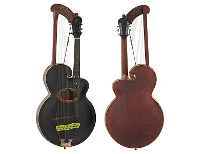 Two Vintage String Instruments in Black and Brown with Wooden Bodies and Classic Design 3d model