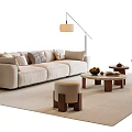Beige Sofa with Decorative Pillows and Wooden Coffee Table Set Light Area Rug Floor Lamp