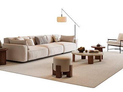 Beige Sofa with Decorative Pillows and Wooden Coffee Table Set Light Area Rug Floor Lamp 3d model