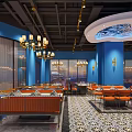 Modern Restaurant Interior Design With Ornate Ceiling Orange Seats And Patterned Floor Tiles 3d model