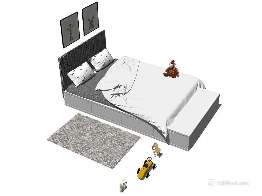 Bedroom Interior With White Bed Pillows Blanket Gray Rug Decorative Paintings And Toys 3d model 