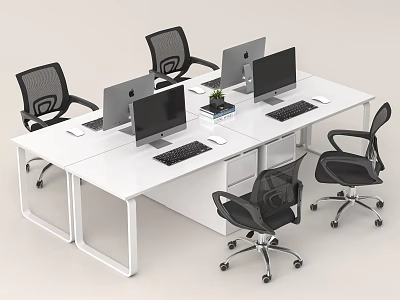 White Office Desk with Four Computers Keyboards Black Office Chairs and Small Potted Plant 3d model