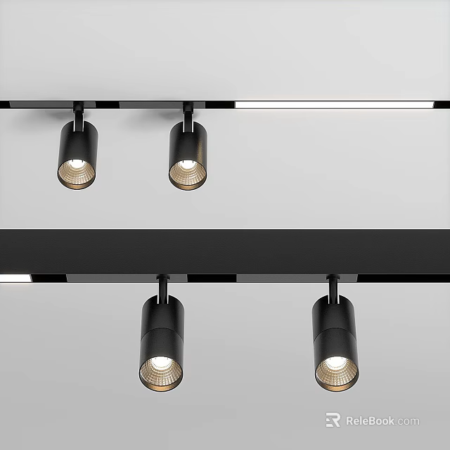 Black Track Ceiling Mounted Downlights And Spotlights With Modern Bright Lighting 3d model 