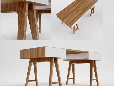 Modern Wooden Desk With White Drawers And Unique Tapered Legs Design 3d model