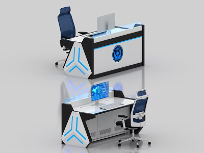Modern Control Room Interior With Console Computer Monitor Blue Lighting And Chair 3d model