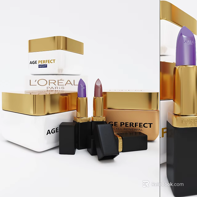 L'OREAL PARIS Age Perfect Cosmetics With Gold White Packaging And Lipsticks 3d model 