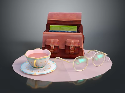 Red Leather Bag With Patterned Teacup Pink Liquid Saucer And Colorful Lens Glasses On Pink Tray 3d model