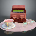 Red Leather Bag With Patterned Teacup Pink Liquid Saucer And Colorful Lens Glasses On Pink Tray