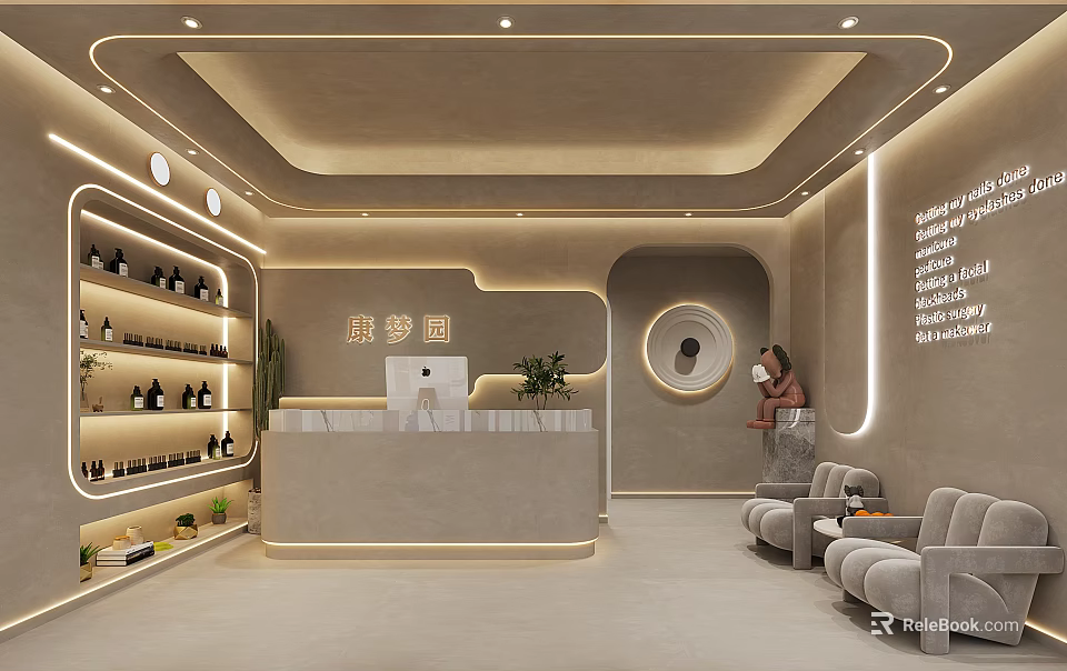 Modern SPA Reception Area With Cozy Seating And Warm Lights 3d model 